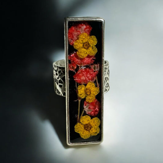 Rectangular long silver ring with flowers