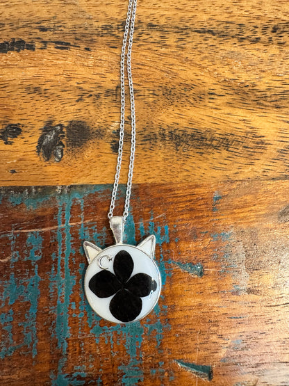 Cat head necklace with black flower and moon
