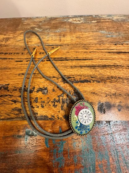 Bolo tie, blue and pink flowers and watch gears, handmade resin jewelry