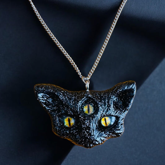 3 eyed cat head necklace, black with silver glitter