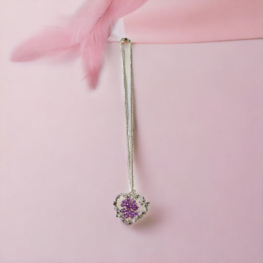 Dried purple flower heart necklace