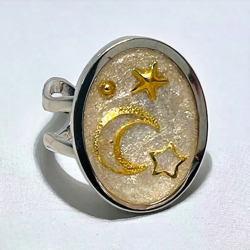 Moon and Star White oval Ring