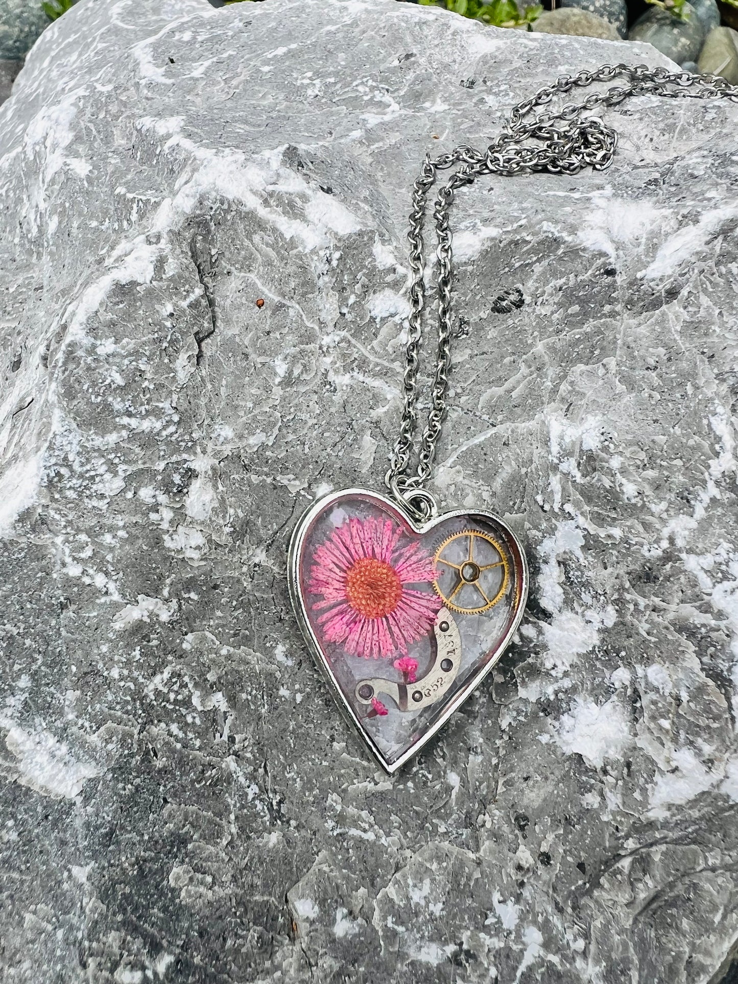 Heart necklace with pink chrysanthemum and watch parts