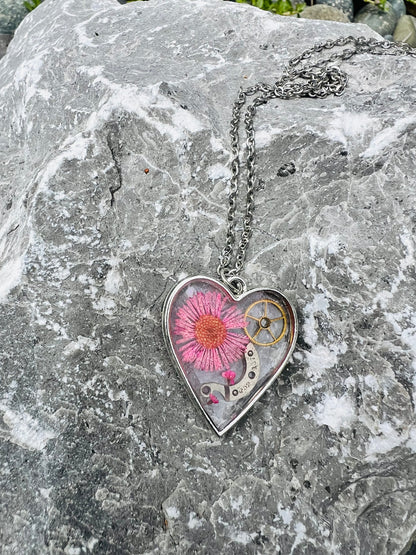 Heart necklace with pink chrysanthemum and watch parts