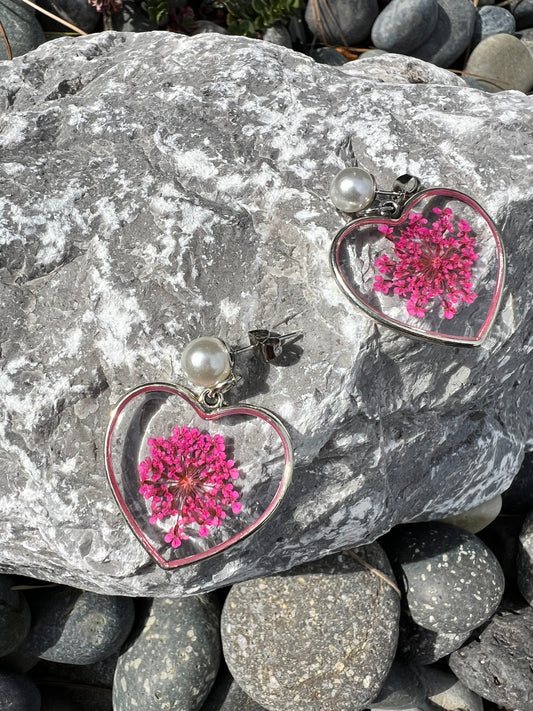 Heart with pink flowers earrings