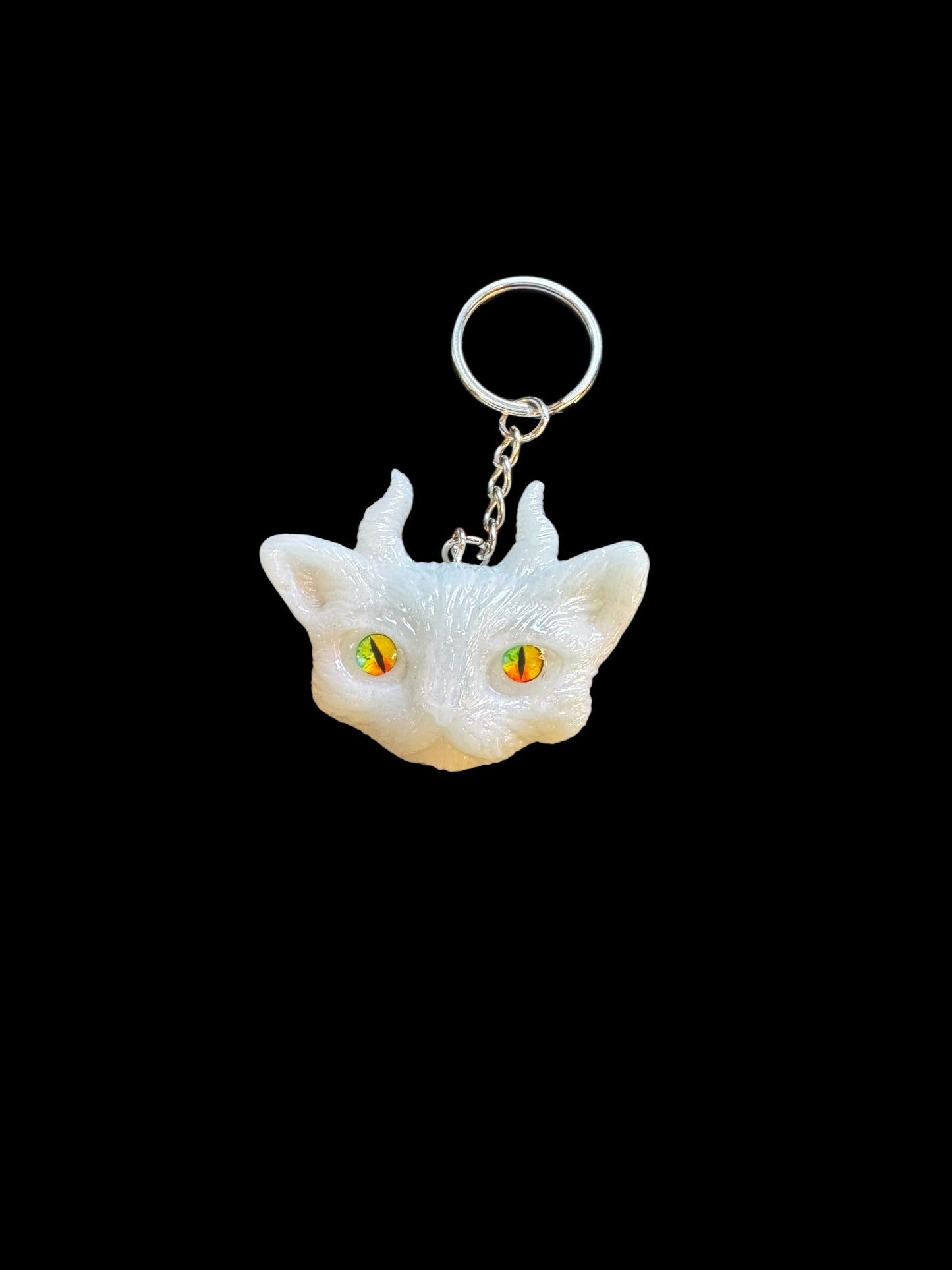 White cat with horns keychain
