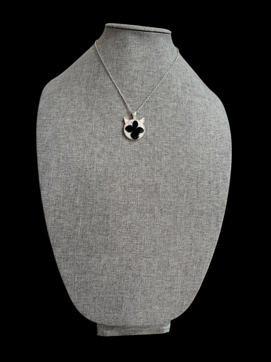 Cat head necklace with black flower and moon