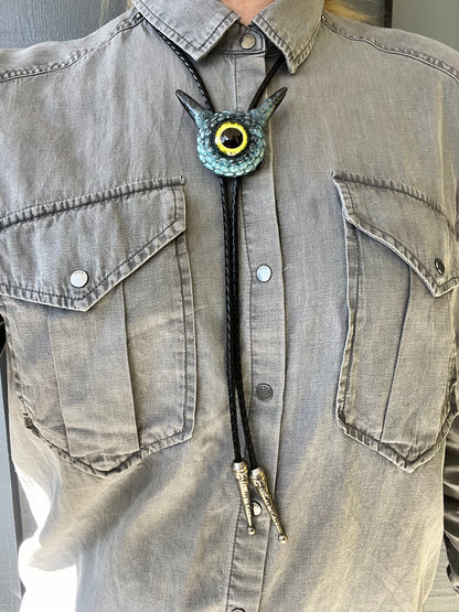 Bolo tie, unique blue and grey monster bolo necktie. Model Pointy.