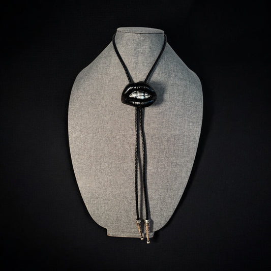 Bolo tie, black lips and silver teeth, handmade resin jewelry