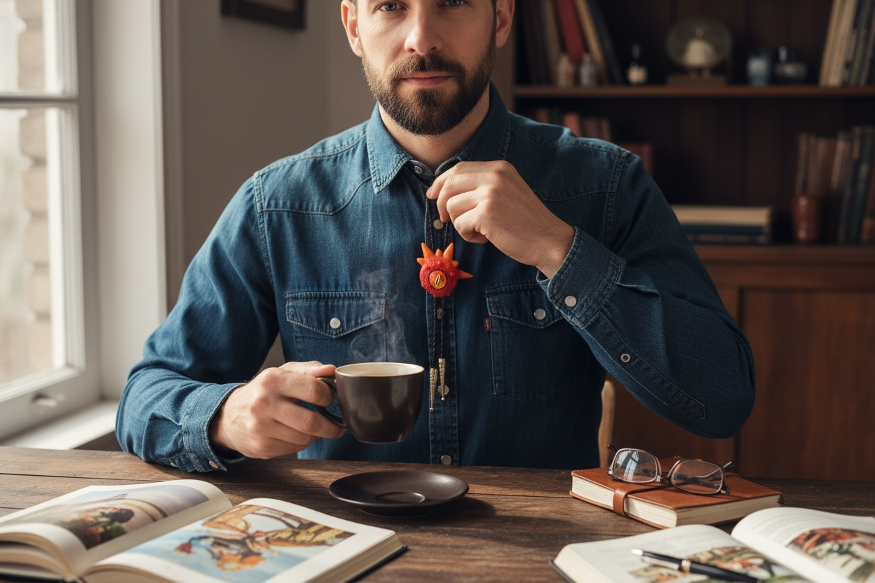 Monster bolo tie in red and orange. Model Spiky.