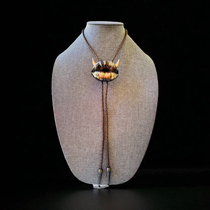 Bolo tie with horns, black, copper and silver lips, handmade resin jewelry