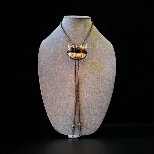 Bolo tie with horns, black, copper and silver lips, handmade resin jewelry