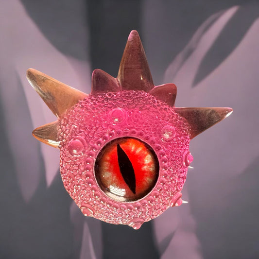 One eyed monster brooch, pink monster with red evil eye brooch, Model Spiky.