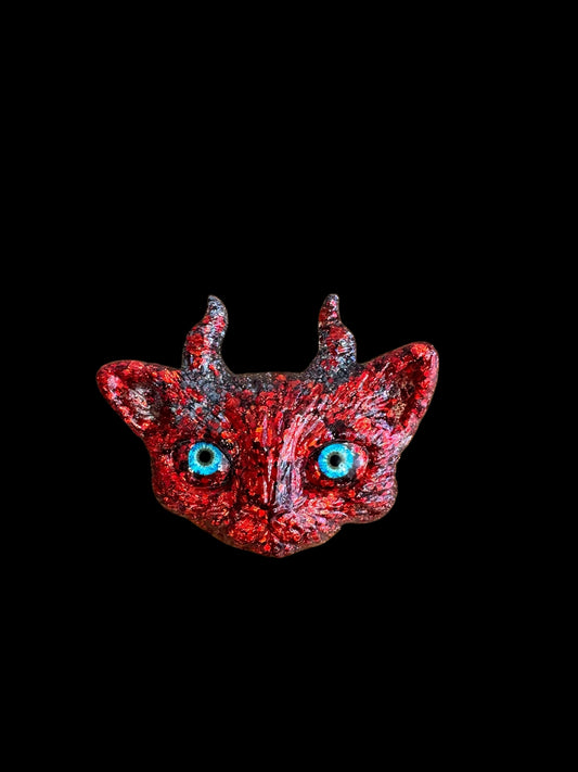 Red cat brooch with horns
