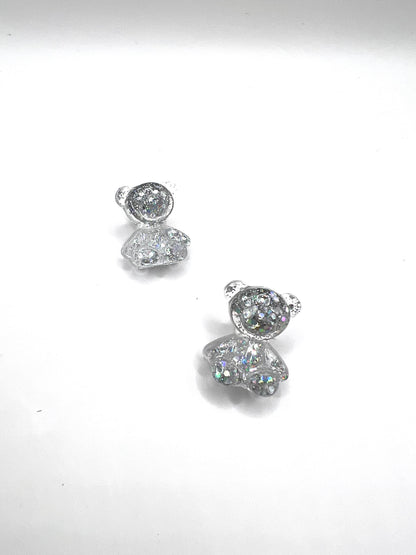 Silver Glitter Teddy Bear Earring Studs