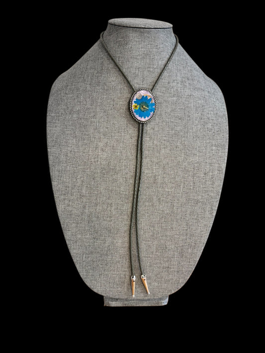 Bolo tie, blue daisy flower and watch gears