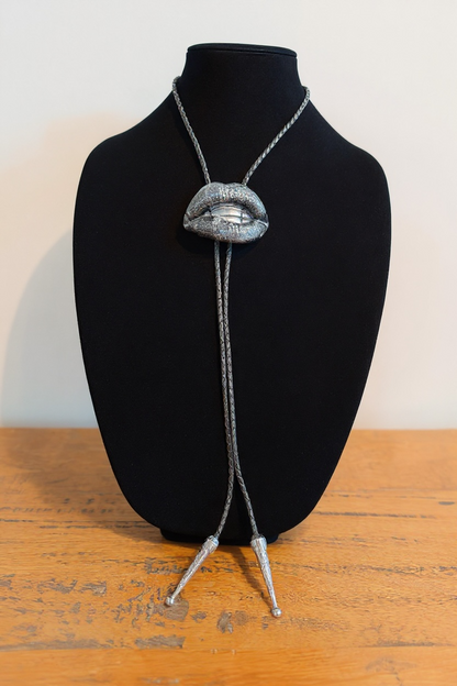 Bolo tie, black lips and silver teeth, handmade resin jewelry