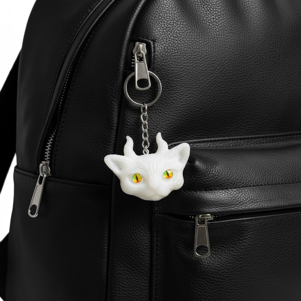 White cat with horns keychain