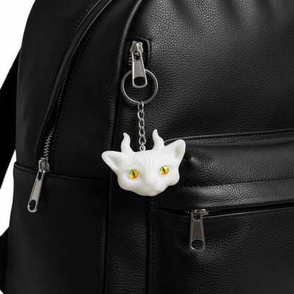White cat with horns keychain