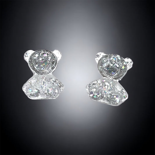 Silver Glitter Teddy Bear Earring Studs