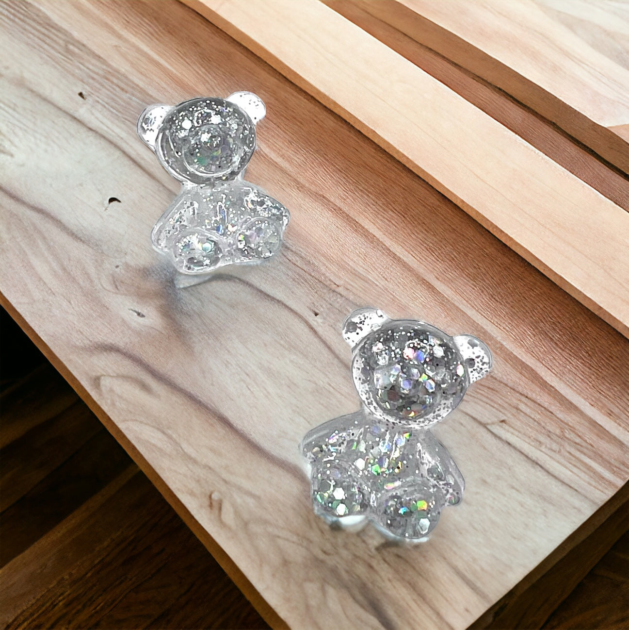 Silver Glitter Teddy Bear Earring Studs