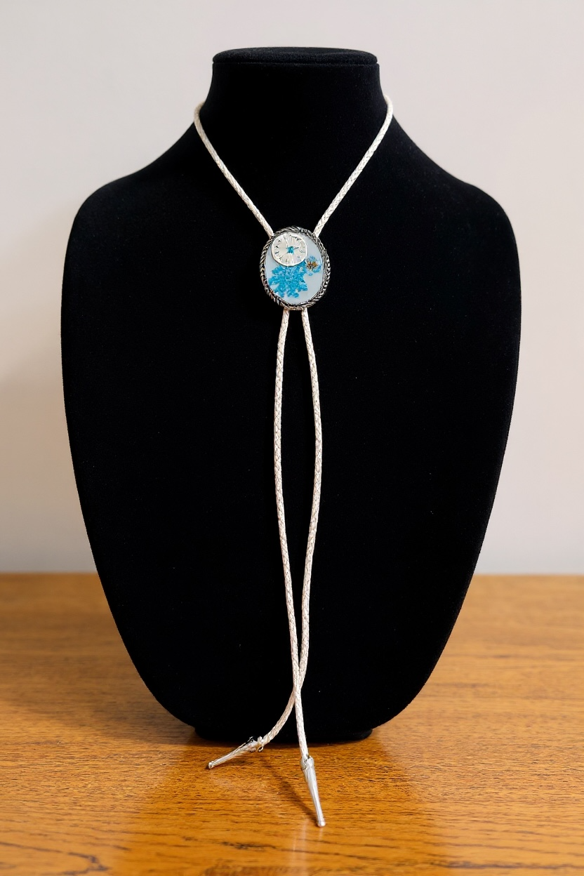 Bolo tie, blue flowers and watch gears, handmade resin jewelry