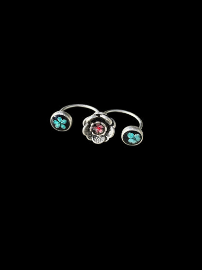 Flower silver plated double ring with blue and pink flowers