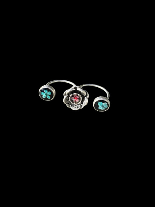 Flower silver plated double ring with blue and pink flowers
