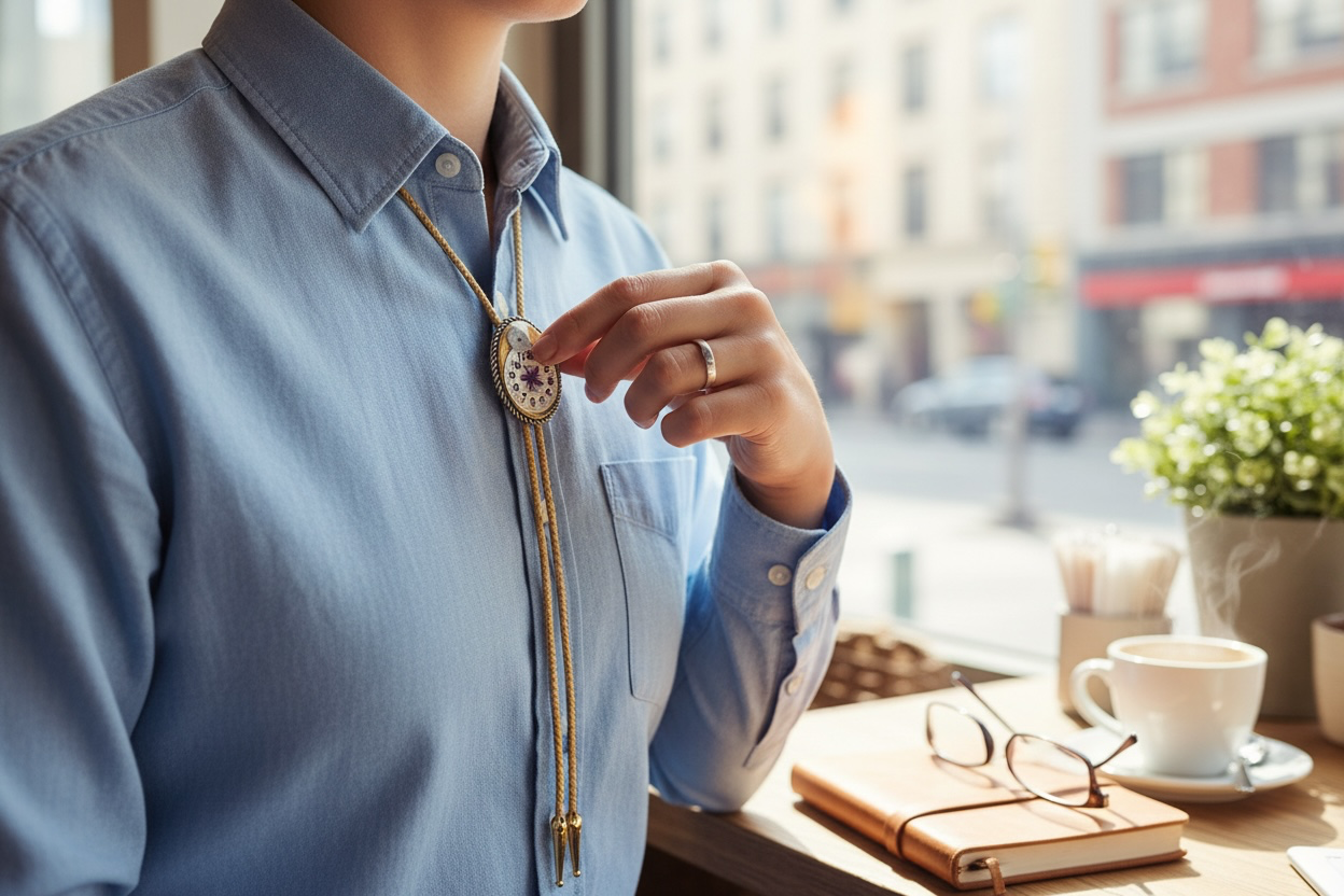 Bolo tie, purple flower and watch gears on gold background