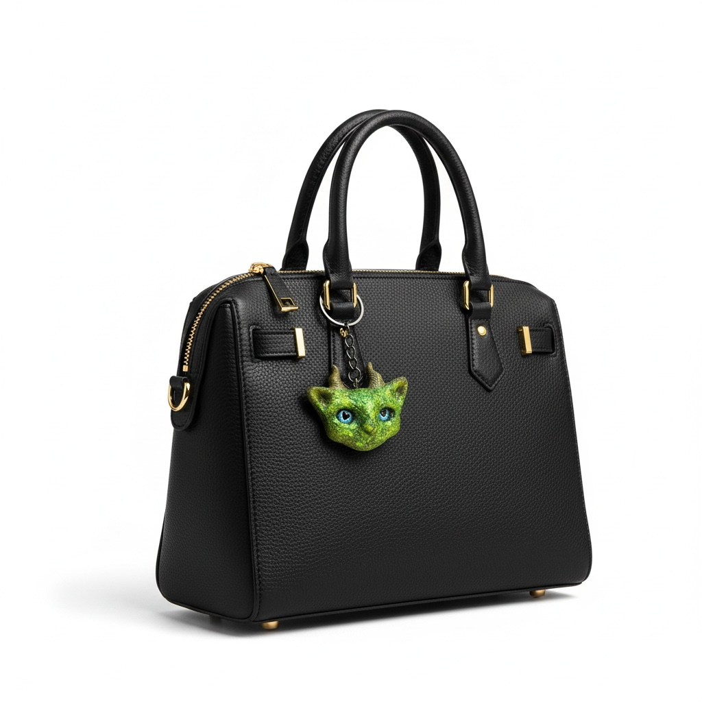 Green cat with gold horns keychain