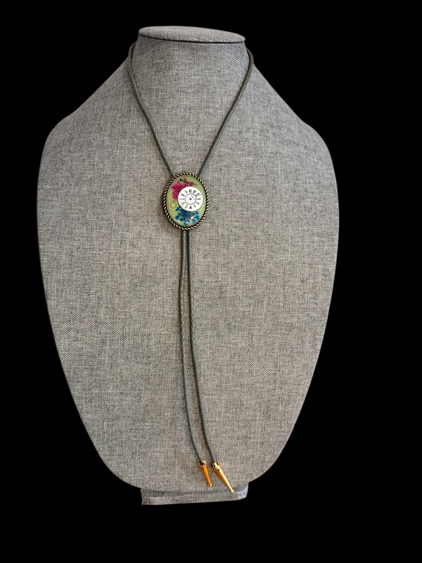 Bolo tie, blue and pink flowers and watch gears, handmade resin jewelry