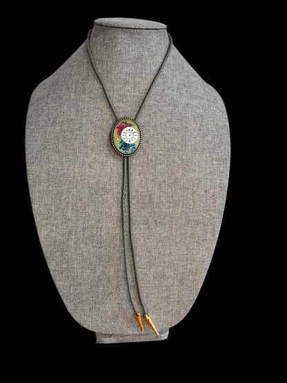 Bolo tie, blue and pink flowers and watch gears, handmade resin jewelry