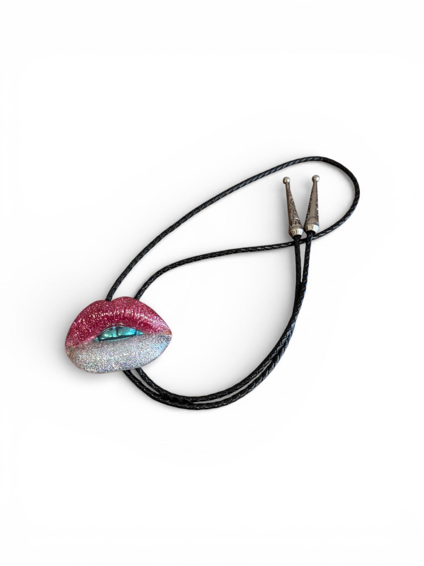 Bolo tie, silver and pink lips with blue teeth