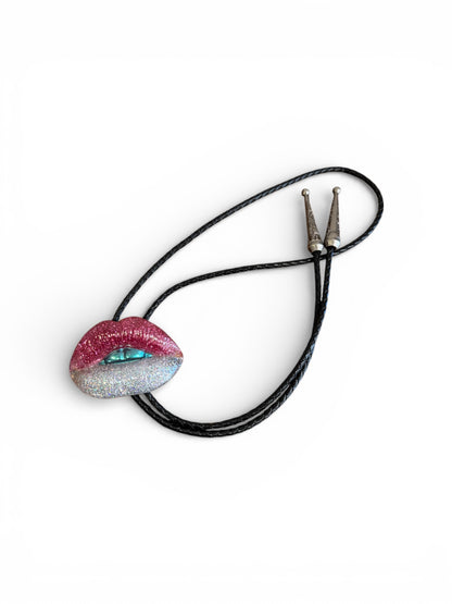 Bolo tie, silver and pink lips with blue teeth