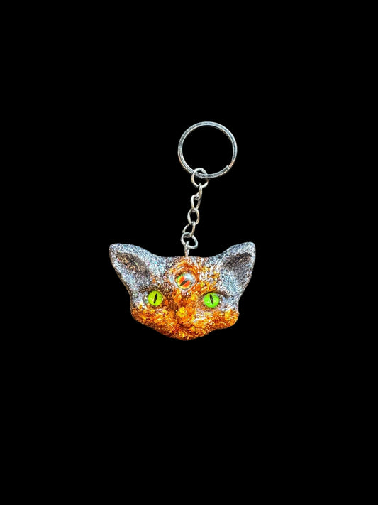 Three eyed cat keychain in orange and black