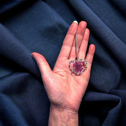 Dried purple flower heart necklace