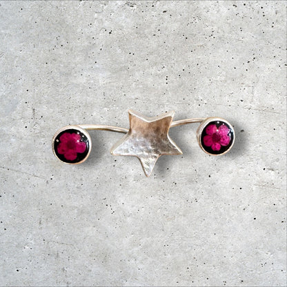 Star silver plated double ring with pink flowers