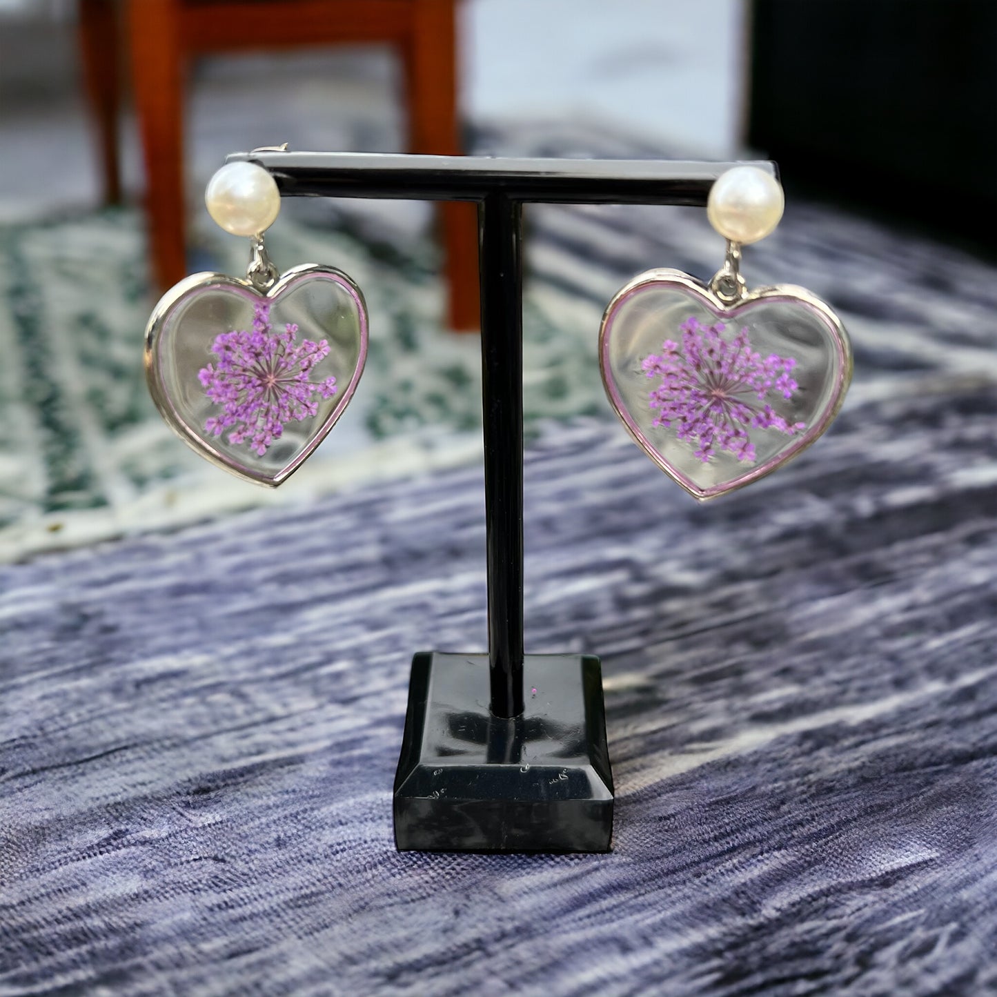 Heart with purple flowers earrings