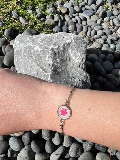 Tiny red/pink flower silver bracelet