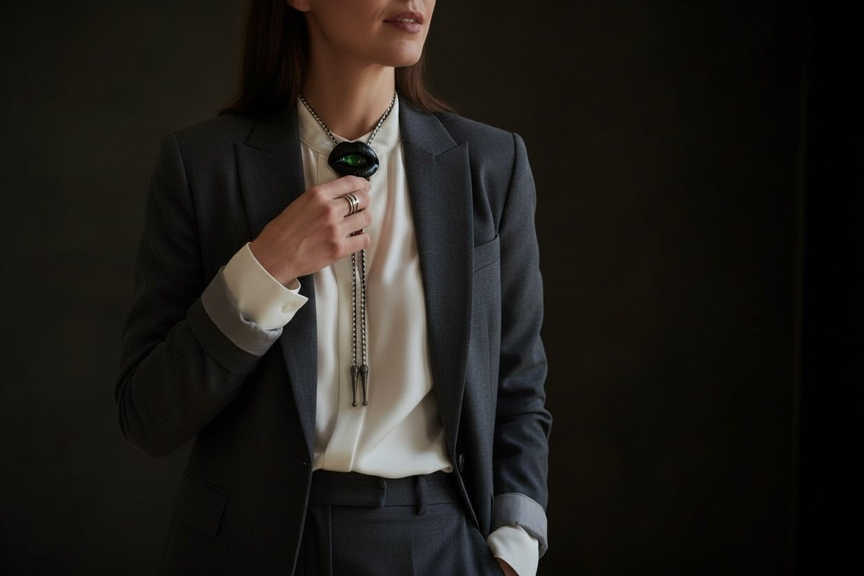 Bolo tie, black lips and green teeth