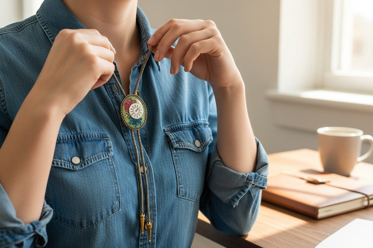 Bolo tie, blue and pink flowers and watch gears, handmade resin jewelry