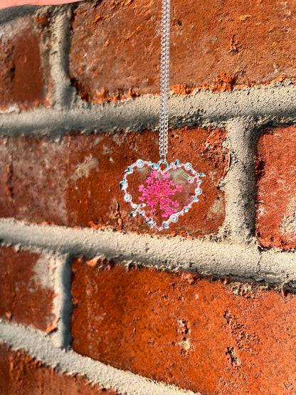 Dried pink flower heart necklace