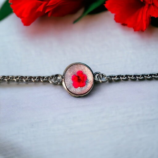 Tiny red/pink flower silver bracelet