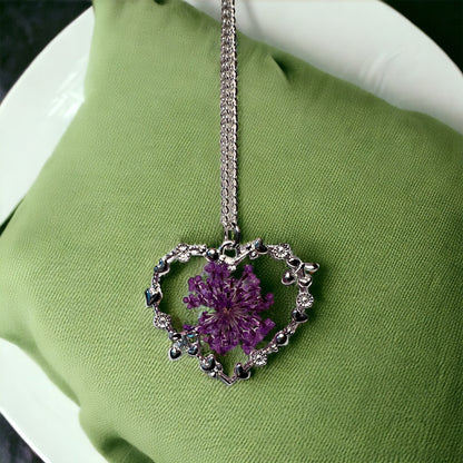 Dried purple flower heart necklace