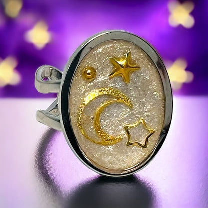 Moon and Star White oval Ring