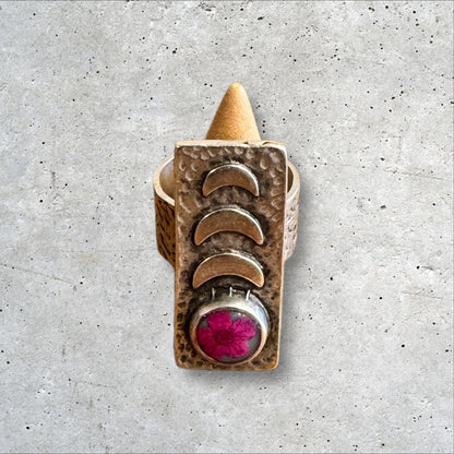 Rectangle ring with pink flower and moon phases design