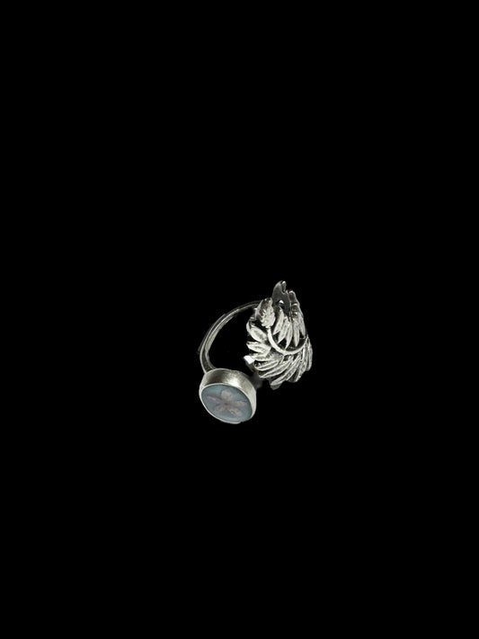 Fern silver ring with pink flower