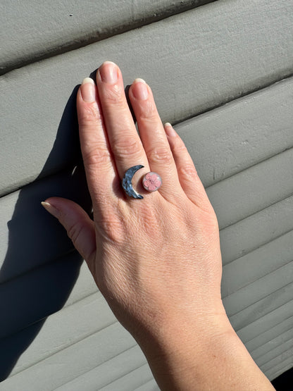 Moon silver plated ring with pink flower