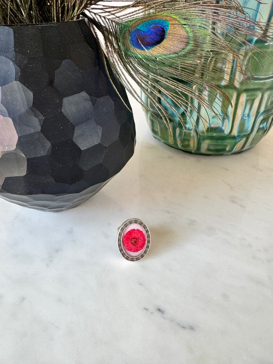 Oval silver plated ring with red flower