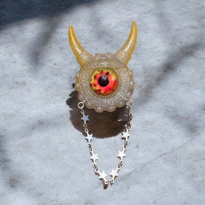 Handmade brooch, monster brooch in yellow and fine silver glitter. Model Vicky.